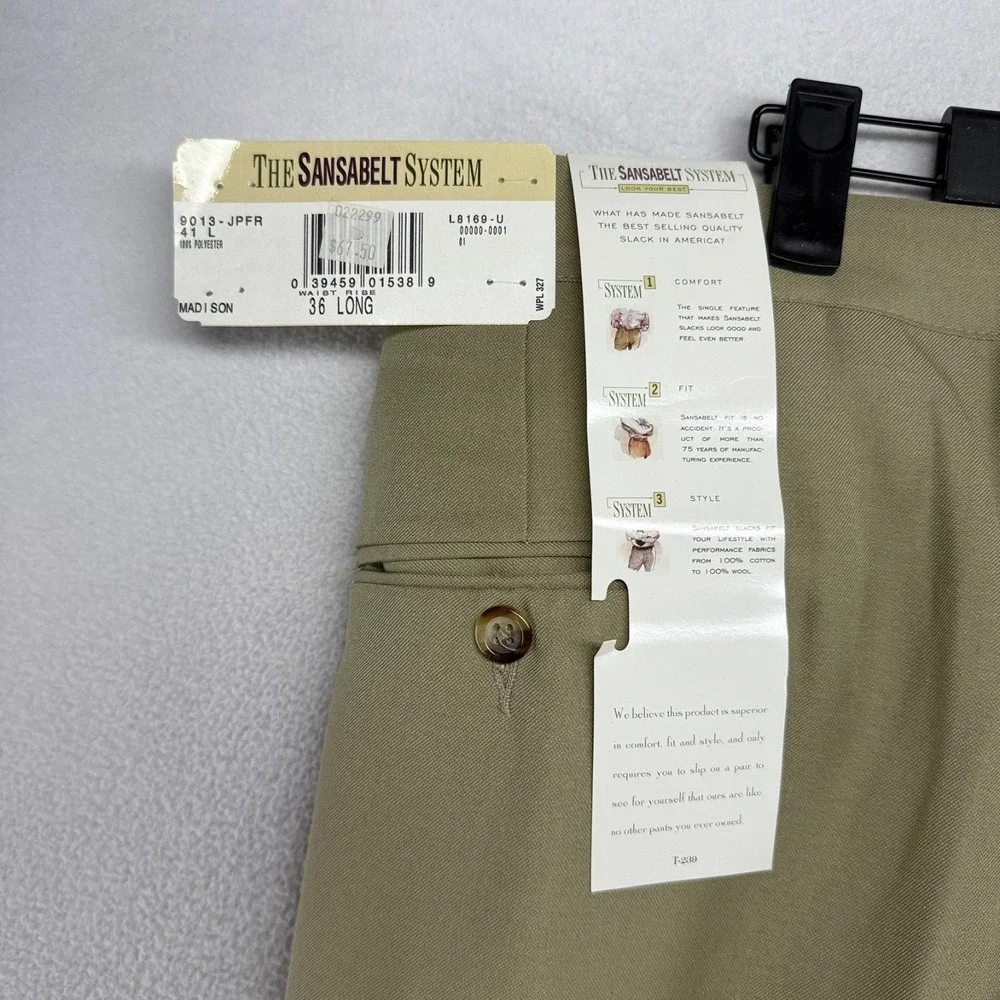 Vintage Sansabelt Dress Pants men's 36 Long Beige Trousers Madison Unhemmed NEW